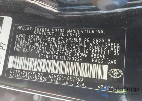 2016 Toyota Camry Se из США, поврежденный, VIN 4T1BF1FK1GU263294